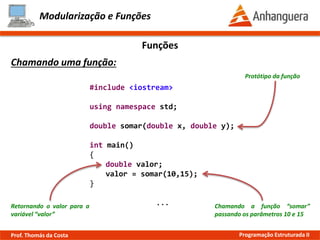 Modularização e Funções
Funções
Chamando uma função:
Chamando a função “somar”
passando os parâmetros 10 e 15
Retornando o valor para a
variável “valor”
Protótipo da função
#include <iostream>
using namespace std;
double somar(double x, double y);
int main()
{
double valor;
valor = somar(10,15);
}
...
Prof. Thomás da Costa Programação Estruturada II
 