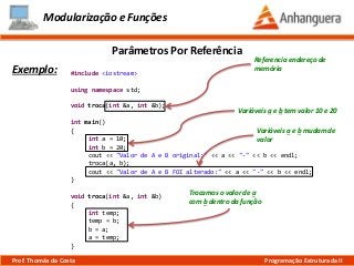#include <iostream>
using namespace std;
void troca(int &a, int &b);
int main()
{
int a = 10;
int b = 20;
cout << "Valor de A e B original:" << a << "-" << b << endl;
troca(a, b);
cout << "Valor de A e B FOI alterado:" << a << "-" << b << endl;
}
void troca(int &a, int &b)
{
int temp;
temp = b;
b = a;
a = temp;
}
Modularização e Funções
Exemplo:
Parâmetros Por Referência
Prof. Thomás da Costa Programação Estruturada II
Variáveis a e b tem valor 10 e 20
Variáveis a e b mudam de
valor
Trocamos o valor de a
com b dentro da função
Referencia endereço de
memória
 