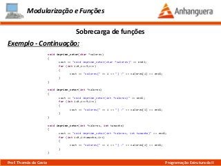 Modularização e Funções
Exemplo - Continuação:
Sobrecarga de funções
Prof. Thomás da Costa Programação Estruturada II
void imprime_vetor(char *valores)
{
cout << "void imprime_vetor(char *valores)" << endl;
for (int i=0;i<=9;i++)
{
cout << "valores[" << i << "] :" << valores[i] << endl;
}
}
void imprime_vetor(int *valores)
{
cout << "void imprime_vetor(int *valores)" << endl;
for (int i=0;i<=9;i++)
{
cout << "valores[" << i << "] :" << valores[i] << endl;
}
}
void imprime_vetor(int *valores, int tamanho)
{
cout << "void imprime_vetor(int *valores, int tamanho)" << endl;
for (int i=0;i<tamanho;i++)
{
cout << "valores[" << i << "] :" << valores[i] << endl;
}
}
 