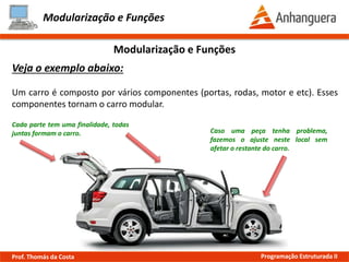 Modularização e Funções
Veja o exemplo abaixo:
Um carro é composto por vários componentes (portas, rodas, motor e etc). Esses
componentes tornam o carro modular.
Modularização e Funções
Cada parte tem uma finalidade, todas
juntas formam o carro. Caso uma peça tenha problema,
fazemos o ajuste neste local sem
afetar o restante do carro.
Prof. Thomás da Costa Programação Estruturada II
 