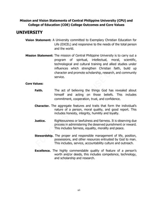 vii
Mission and Vision Statements of Central Philippine University (CPU) and
College of Education (COE) College Outcomes a...