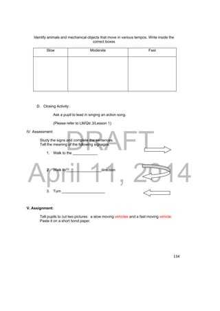 Identify animals and mechanical objects that move in various tempos. Write inside the 
DRAFT 
April 11, 2014 
134 
correct boxes 
Slow Moderate Fast 
D. Closing Activity: 
Ask a pupil to lead in singing an action song. 
(Please refer to LM/Qtr.3/Lesson 1) 
IV. Assessment: 
Study the signs and complete the sentences. 
Tell the meaning of the following signages. 
1. Walk to the ____________ 
2. Walk in _________________direction 
3. Turn _____________________ 
V. Assignment: 
Tell pupils to cut two pictures: a slow moving vehicles and a fast moving vehicle. 
Paste it on a short bond paper. 
 