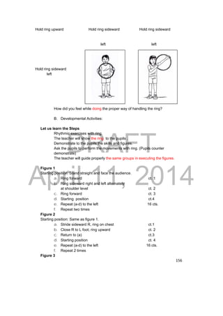 DRAFT 
April 11, 2014 
156 
Hold ring upward Hold ring sideward Hold ring sideward 
left left 
Hold ring sideward Hold ring on chest Hold ring obliquely 
left left 
How did you feel while doing the proper way of handling the ring? 
B. Developmental Activities: 
Let us learn the Steps 
Rhythmic exercises with ring. 
The teacher will show the ring to the pupils . 
Demonstrate to the pupils the skills and figures. 
Ask the pupils to perform the movements with ring. (Pupils counter 
demonstrate) 
The teacher will guide properly the same groups in executing the figures. 
Figure 1 
Starting position: Stand straight and face the audience. 
a. Ring forward ct. 1 
b. Ring sideward right and left alternately 
at shoulder level ct. 2 
c. Ring forward ct. 3 
d. Starting position ct.4 
e. Repeat (a-d) to the left 16 cts. 
f. Repeat two times 
Figure 2 
Starting position: Same as figure 1. 
a. Stride sideward R, ring on chest ct.1 
b. Close R to L foot; ring upward ct. 2 
c. Return to (a) ct.3 
d. Starting position ct. 4 
e. Repeat (a-d) to the left 16 cts. 
f. Repeat 2 times 
Figure 3 
 
