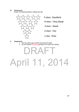 5 stars ‐ Excellent 
4 stars – Very Good 
3 stars ‐ Good 
2 stars ‐ Fair 
1 star ‐ Poor 
DRAFT 
April 11, 2014 
195 
IV. Assessment: 
Answer the following questions: (Please see LM) 
V. Assignment: 
1. Tell the pupils to get a partner and review the steps. 
2. Let them present the dance gracefully to the class next meeting. 
 