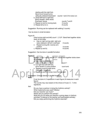 DRAFT 
April 11, 2014 
205 
starting with the right foot, 
Bend trunk forward arms 
obliquely sideward-backward counts 1 and 2 for every run 
b. Close left foot to right foot, 
Stand straight, strike sticks 
Overhead, pause counts 7 and 8 
c. Repeat (a and b) moving back 4 counts 
d. Repeat all (a to c) 8 counts 
Suggestion: Running can be replaced with walking 3 counts) 
Can be done in circle formation 
Figure III 
(Hop turning right and left) count 1, 2 S.P. Stand feet together sticks 
down at the sides 
 Hop on right turning right, right arm 
raise sideward, left arm overhead 4 counts 
 Repeat turning left, reverse arm 
position 4 counts 
c. Repeat (a and b) 8 counts 
Suggestion: Can be done in parallel formation 
Figure IV 
(Gallop) count 1 and 2 and /M.S.P. Stand feet together sticks down 
at the sides 
a. Step right foot sideward, 
cross arms down in front count 1 
b. Cut right foot with left foot, 
arms remain in cross position count and 
 Repeat (a and b),raise arms 
Obliquely / diagonally 
d. Repeat (a and b) 2 times more moving right 
Suggestion: Change places in parallel formation 
Note: 
It can be done in 2 repetitions in each figure (8 measures in each 
figure) 
The counts may vary based on the choice of music (24, 44 time 
signature) 
Ask: 
Do you have a partner in doing the rhythmic activity? 
What implements was used? (Sticks) 
Did your teacher use music? 
Where did you perform the activity? 
What did you do while your teacher is giving steps in rhythmic 
activities? (Listened to the teacher and participated actively) 
Did you enjoy performing the rhythmic exercise? 
 