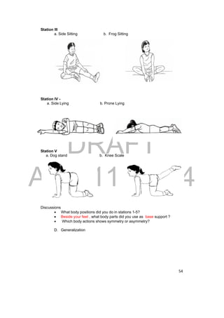 DRAFT 
April 11, 2014 
54 
Station III 
a. Side Sitting b. Frog Sitting 
Station IV - 
a. Side Lying b. Prone Lying 
Station V 
a. Dog stand b. Knee Scale 
Discussions 
 What body positions did you do in stations 1-5? 
 Beside your feet , what body parts did you use as base support ? 
 Which body actions shows symmetry or asymmetry? 
D. Generalization 
 