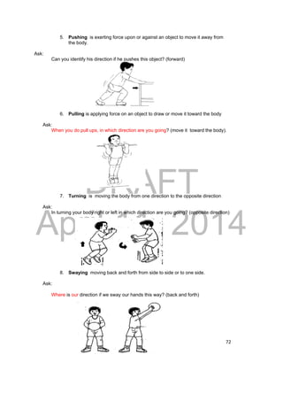 DRAFT 
April 11, 2014 
72 
5. Pushing is exerting force upon or against an object to move it away from 
the body. 
Ask: 
Can you identify his direction if he pushes this object? (forward) 
6. Pulling is applying force on an object to draw or move it toward the body 
Ask: 
When you do pull ups, in which direction are you going? (move it toward the body). 
7. Turning is moving the body from one direction to the opposite direction 
Ask: 
In turning your body right or left in which direction are you going? (opposite direction) 
8. Swaying moving back and forth from side to side or to one side. 
Ask: 
Where is our direction if we sway our hands this way? (back and forth) 
 