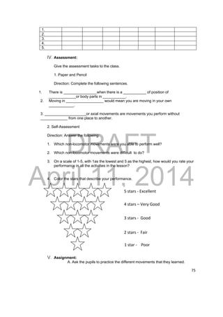 DRAFT 
April 11, 2014 
75 
1. 
2. 
3. 
4. 
5. 
IV. Assessment: 
Give the assessment tasks to the class. 
1. Paper and Pencil 
Direction: Complete the following sentences. 
1. There is ________________when there is a ___________ of position of 
_____________or body parts in ___________. 
2. Moving in __________________ would mean you are moving in your own 
____________. 
3. ____________________or axial movements are movements you perform without 
_____________ from one place to another. 
2. Self-Assessment 
Direction: Answer the following: 
1. Which non-locomotor movements were you able to perform well? 
2. Which non-locomotor movements were difficult to do? 
3. On a scale of 1-5, with 1as the lowest and 5 as the highest, how would you rate your 
performance in all the activities in the lesson? 
4. Color the stars that describe your performance. 
V. Assignment: 
5 stars ‐ Excellent 
4 stars – Very Good 
3 stars ‐ Good 
2 stars ‐ Fair 
1 star ‐ Poor 
A. Ask the pupils to practice the different movements that they learned. 
 