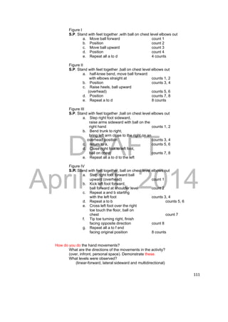 DRAFT 
April 11, 2014 
111 
Figure I 
S.P. Stand with feet together ,with ball on chest level elbows out 
a. Move ball forward count 1 
b. Position count 2 
c. Move ball upward count 3 
d. Position count 4 
e. Repeat all a to d 4 counts 
Figure II 
S.P. Stand with feet together ,ball on chest level elbows out 
a. half-knee bend, move ball forward 
with elbows straight at counts 1, 2 
b. Position counts 3, 4 
c. Raise heels, ball upward 
(overhead) counts 5, 6 
d. Position counts 7, 8 
e. Repeat a to d 8 counts 
Figure III 
S.P. Stand with feet together ,ball on chest level elbows out 
a. Step right foot sideward, 
raise arms sideward with ball on the 
right hand counts 1, 2 
b. Bend trunk to right, 
bring left arm close to the right on an 
overhead position counts 3, 4 
c. return to a, counts 5, 6 
d. Close right foot to left foot, 
ball on chest counts 7, 8 
e. Repeat all a to d to the left 
Figure IV 
S.P. Stand with feet together, ball on chest level elbows out 
a. Step right foot forward ball 
upward (overhead) count 1 
b. Kick left foot forward, 
ball forward at shoulder level count 2 
c. Repeat a and b starting 
with the left foot counts 3, 4 
d. Repeat a to b counts 5, 6 
e. Cross left foot over the right 
toe touch the floor, ball on 
chest count 7 
f. Tip toe turning right, finish 
facing opposite direction count 8 
g. Repeat all a to f end 
facing original position 8 counts 
How do you do the hand movements? 
What are the directions of the movements in the activity? 
(over, infront, personal space). Demonstrate these. 
What levels were observed? 
(linear-forward, lateral sideward and multidirectional) 
 
