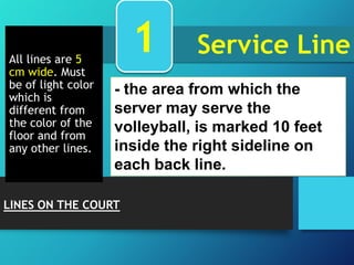 All lines are 5
cm wide. Must
be of light color
which is
different from
the color of the
floor and from
any other lines.

1

Service Line

- the area from which the
server may serve the
volleyball, is marked 10 feet
inside the right sideline on
each back line.

LINES ON THE COURT

 