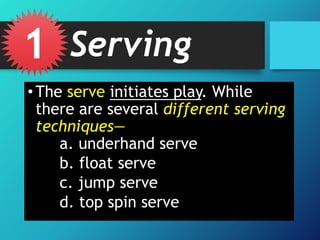 1 Serving
• The serve initiates play. While
there are several different serving
techniques—
a. underhand serve
b. float serve
c. jump serve
d. top spin serve

 