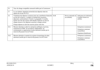 PE-CONS 59/21 EB/sj 3
ANNEXE II ECOMP.2 FR
16. Taux de change comptables mensuels établis par la Commission
17. Le cas échéant, répartition territoriale des dépenses dans les
régions de niveau NUTS 2
18. Ventilation des dépenses soumises pour une contribution financière
au titre de la réserve, y compris le montant des ressources
dépensées conformément à l'article 4, paragraphe 4 (veuillez
fournir une liste des actions individuelles financées au titre de
chaque mesure et les dépenses associées à chaque action)
Chaque dépense ne doit être inscrite qu'une seule fois
EUR Devise nationale (le
cas échéant)
Indicateurs de réalisation
(veuillez fournir un
chiffre)
18.1. Mesures destinées à aider les entreprises publiques et privées,
notamment les PME, les travailleurs indépendants, les
communautés et organisations locales durement touchés par le
retrait du Royaume-Uni de l'Union
Entreprises (soutenues)
Entreprises soutenues
(conseillées)
Population bénéficiaire
18.2. Mesures destinées à soutenir les secteurs économiques les plus
durement touchés par le retrait du Royaume-Uni de l'Union
Entreprises (soutenues)
Entreprises soutenues
(conseillées)
 
