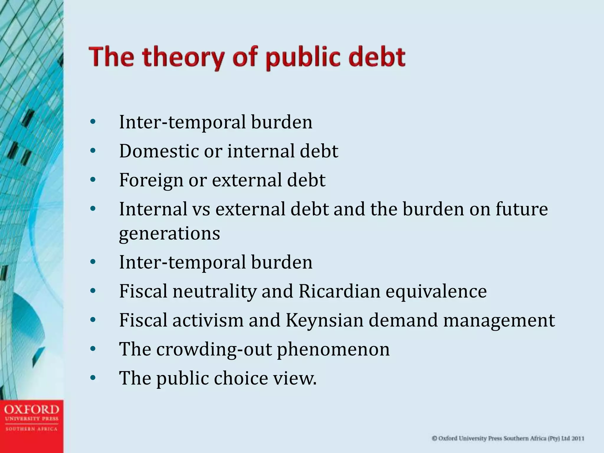 • Inter-temporal burden
• Domestic or internal debt
• Foreign or external debt
• Internal vs external debt and the burden on future
generations
• Inter-temporal burden
• Fiscal neutrality and Ricardian equivalence
• Fiscal activism and Keynsian demand management
• The crowding-out phenomenon
• The public choice view.
 