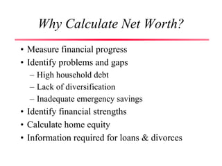 Why Calculate Net Worth?
• Measure financial progress
• Identify problems and gaps
– High household debt
– Lack of diversification
– Inadequate emergency savings
• Identify financial strengths
• Calculate home equity
• Information required for loans & divorces
 