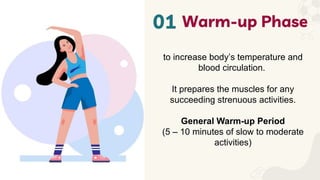 to increase body’s temperature and
blood circulation.
It prepares the muscles for any
succeeding strenuous activities.
General Warm-up Period
(5 – 10 minutes of slow to moderate
activities)
 