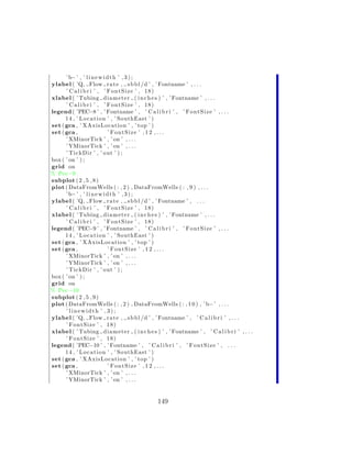 ’ b− ’ , ’ l i n e w i d t h ’ , 3 ) ;
ylabel ( ’Q, Flow r a t e , s b b l /d ’ , ’ Fontname ’ , . . .
      ’ C a l i b r i ’ , ’ FontSize ’ , 18)
xlabel ( ’ Tubing d i a m e t e r ( i n c h e s ) ’ , ’ Fontname ’ , . . .
      ’ C a l i b r i ’ , ’ FontSize ’ , 18)
legend ( ’PEC−8 ’ , ’ Fontname ’ , ’ C a l i b r i ’ , ’ F o n t S i z e ’ , . . .
      1 4 , ’ L o c a t i o n ’ , ’ SouthEast ’ )
set ( gca , ’ XAxisLocation ’ , ’ top ’ )
set ( gca ,                   ’ FontSize ’ , 1 2 , . . .
      ’ XMinorTick ’ , ’ on ’ , . . .
      ’ YMinorTick ’ , ’ on ’ , . . .
      ’ Tic kDi r ’ , ’ out ’ ) ;
box ( ’ on ’ ) ;
grid on
% Pec−9
subplot ( 2 , 5 , 8 )
plot ( DataFromWells ( : , 2 ) , DataFromWells ( : , 9 ) , . . .
      ’ b− ’ , ’ l i n e w i d t h ’ , 3 ) ;
ylabel ( ’Q, Flow r a t e , s b b l /d ’ , ’ Fontname ’ , . . .
      ’ C a l i b r i ’ , ’ FontSize ’ , 18)
xlabel ( ’ Tubing d i a m e t e r ( i n c h e s ) ’ , ’ Fontname ’ , . . .
      ’ C a l i b r i ’ , ’ FontSize ’ , 18)
legend ( ’PEC−9 ’ , ’ Fontname ’ , ’ C a l i b r i ’ , ’ F o n t S i z e ’ , . . .
      1 4 , ’ L o c a t i o n ’ , ’ SouthEast ’ )
set ( gca , ’ XAxisLocation ’ , ’ top ’ )
set ( gca ,                   ’ FontSize ’ , 1 2 , . . .
      ’ XMinorTick ’ , ’ on ’ , . . .
      ’ YMinorTick ’ , ’ on ’ , . . .
      ’ Tic kDi r ’ , ’ out ’ ) ;
box ( ’ on ’ ) ;
grid on
% Pec−10
subplot ( 2 , 5 , 9 )
plot ( DataFromWells ( : , 2 ) , DataFromWells ( : , 1 0 ) , ’ b− ’ , . . .
      ’ linewidth ’ ,3);
ylabel ( ’Q, Flow r a t e , s b b l /d ’ , ’ Fontname ’ , ’ C a l i b r i ’ , . . .
      ’ FontSize ’ , 18)
xlabel ( ’ Tubing d i a m e t e r ( i n c h e s ) ’ , ’ Fontname ’ , ’ C a l i b r i ’ , . . .
      ’ FontSize ’ , 18)
legend ( ’PEC−10 ’ , ’ Fontname ’ , ’ C a l i b r i ’ , ’ F o n t S i z e ’ , . . .
      1 4 , ’ L o c a t i o n ’ , ’ SouthEast ’ )
set ( gca , ’ XAxisLocation ’ , ’ top ’ )
set ( gca ,                   ’ FontSize ’ , 1 2 , . . .
      ’ XMinorTick ’ , ’ on ’ , . . .
      ’ YMinorTick ’ , ’ on ’ , . . .


                                                 149
 