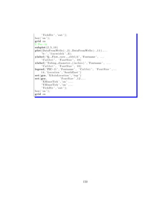 ’ Tic kDi r ’ , ’ out ’ ) ;
box ( ’ on ’ ) ;
grid on
% Pec−11
subplot ( 2 , 5 , 1 0 )
plot ( DataFromWells ( : , 2 ) , DataFromWells ( : , 1 1 ) , . . .
      ’ b− ’ , ’ l i n e w i d t h ’ , 3 ) ;
ylabel ( ’Q, Flow r a t e , s b b l /d ’ , ’ Fontname ’ , . . .
      ’ C a l i b r i ’ , ’ FontSize ’ , 18)
xlabel ( ’ Tubing d i a m e t e r ( i n c h e s ) ’ , ’ Fontname ’ , . . .
      ’ C a l i b r i ’ , ’ FontSize ’ , 18)
legend ( ’PEC−11 ’ , ’ Fontname ’ , ’ C a l i b r i ’ , ’ F o n t S i z e ’ , . . .
      1 4 , ’ L o c a t i o n ’ , ’ SouthEast ’ )
set ( gca , ’ XAxisLocation ’ , ’ top ’ )
set ( gca ,                   ’ FontSize ’ , 1 2 , . . .
      ’ XMinorTick ’ , ’ on ’ , . . .
      ’ YMinorTick ’ , ’ on ’ , . . .
      ’ Tic kDi r ’ , ’ out ’ ) ;
box ( ’ on ’ ) ;
grid on




                                                 150
 