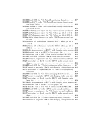 B.109IPR and OPR for PEC-7 at diﬀerent tubing diameters. . . . . 107
B.110IPR and OPR for for PEC-7 at diﬀerent tubing diameters and
     gas lift at 1540 ft. . . . . . . . . . . . . . . . . . . . . . . . . . 108
B.111IPR and OPR for for PEC-7 at diﬀerent tubing diameters and
     gas lift at 3050 ft. . . . . . . . . . . . . . . . . . . . . . . . . . 108
B.112Well Performance curves for PEC-7 under normal conditions. . 109
B.113Well Performance curves for PEC-7 when gas lift at 1540 ft. . 110
B.114Well Performance curves for PEC-7 when gas lift at 3050 ft. . 110
B.115Artiﬁcial lift performance curves for PEC-7 under normal con-
     ditions. . . . . . . . . . . . . . . . . . . . . . . . . . . . . . . . 111
B.116Artiﬁcial lift performance curves for PEC-7 when gas lift at
     1540 ft. . . . . . . . . . . . . . . . . . . . . . . . . . . . . . . 112
B.117Artiﬁcial lift performance curves for PEC-7 when gas lift at
     3050 ft. . . . . . . . . . . . . . . . . . . . . . . . . . . . . . . 112
B.118Nodal Analysis curves for PEC-7 with changing static pressures.113
B.119Schematic view of well PEC-8 from project ﬁle. . . . . . . . . 114
B.120Schematic view of Well PEC-8, simulation after PIPESIM. . . 114
B.121IPR and OPR curves for PEC-8 under normal conditions. . . . 115
B.122Pressure vs. depth curve for PEC-6 under normal conditions. . 116
B.123Temperature vs. depth curve for PEC-8 under normal condi-
     tions. . . . . . . . . . . . . . . . . . . . . . . . . . . . . . . . . 116
B.124IPR and OPR for PEC-8 with changing tubing diameters. . . 117
B.125Pressure vs. depth for PEC-8 with changing tubing diameters. 118
B.126Temperature vs. depth curve for PEC-8 with changing tubing
     diameters. . . . . . . . . . . . . . . . . . . . . . . . . . . . . . 118
B.127IPR and OPR for PEC-8 with changing choke bean size. . . . 119
B.128Pressure vs. depth for PEC-8 with changing choke bean size. . 120
B.129Temperature vs. depth curve for PEC-8 with changing choke
     bean size. . . . . . . . . . . . . . . . . . . . . . . . . . . . . . 120
B.130Nodal Analysis curves for PEC-8 with changing static pressures.121
B.131Schematic view of well PEC-9 from project ﬁle. . . . . . . . . 122
B.132Schematic view of Well PEC-9, simulation after PIPESIM. . . 122
B.133IPR and OPR curves for PEC-9 under normal conditions. . . . 123
B.134Pressure vs. depth curve for PEC-9 under normal conditions. . 124
B.135Temperature vs. depth curve for PEC-9 under normal condi-
     tions. . . . . . . . . . . . . . . . . . . . . . . . . . . . . . . . . 124
B.136IPR and OPR for PEC-9 with changing tubing diameters. . . 125
B.137Pressure vs. depth for PEC-9 with changing tubing diameters. 126

                                     8
 