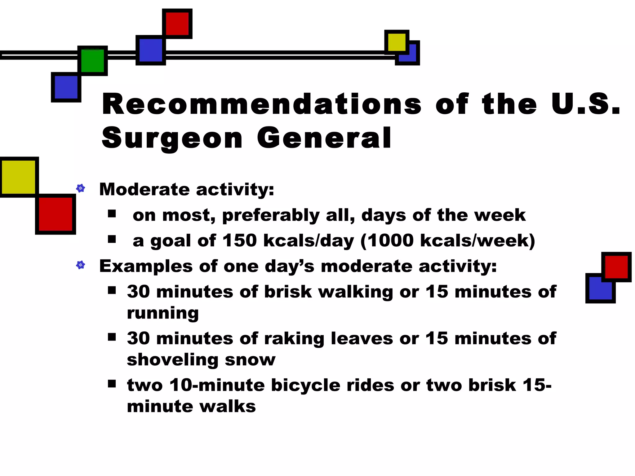 Recommendations of the U.S. Surgeon General Moderate activity: on most, preferably all, days of the week a goal of 150 kcals/day (1000 kcals/week) Examples of one day’s moderate activity: 30 minutes of brisk walking or 15 minutes of running 30 minutes of raking leaves or 15 minutes of shoveling snow two 10-minute bicycle rides or two brisk 15- minute walks 