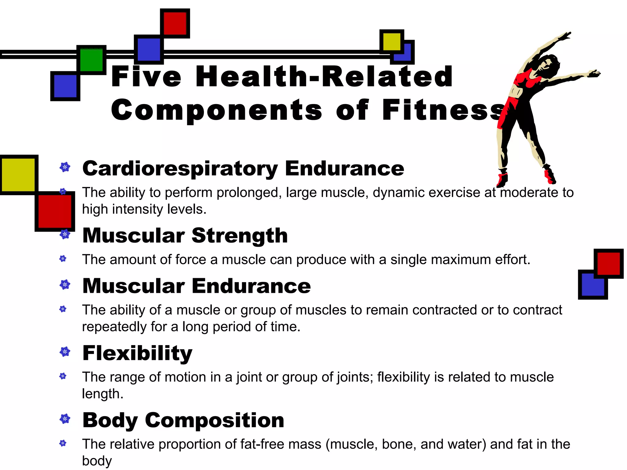 Five Health-Related Components of Fitness Cardiorespiratory Endurance The ability to perform prolonged, large muscle, dynamic exercise at moderate to high intensity levels. Muscular Strength The amount of force a muscle can produce with a single maximum effort. Muscular Endurance The ability of a muscle or group of muscles to remain contracted or to contract repeatedly for a long period of time. Flexibility The range of motion in a joint or group of joints; flexibility is related to muscle length. Body Composition The relative proportion of fat-free mass (muscle, bone, and water) and fat in the body 