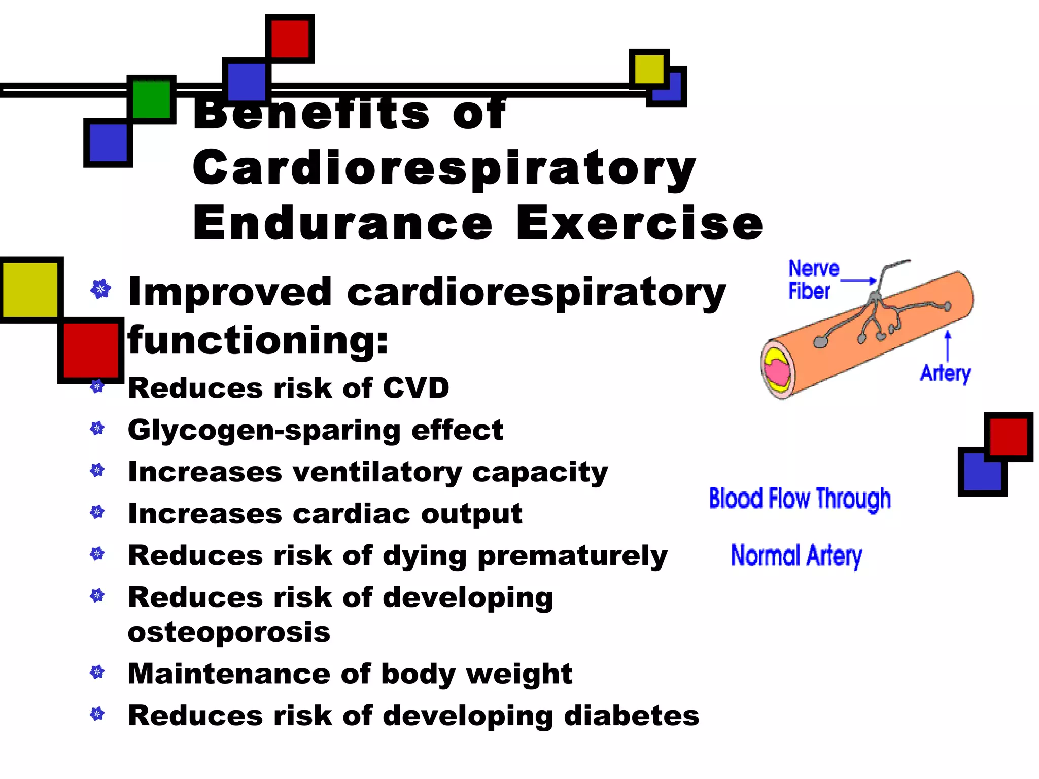 Benefits of Cardiorespiratory Endurance Exercise Improved cardiorespiratory functioning: Reduces risk of CVD Glycogen-sparing effect Increases ventilatory capacity Increases cardiac output Reduces risk of dying prematurely Reduces risk of developing osteoporosis Maintenance of body weight Reduces risk of developing diabetes 