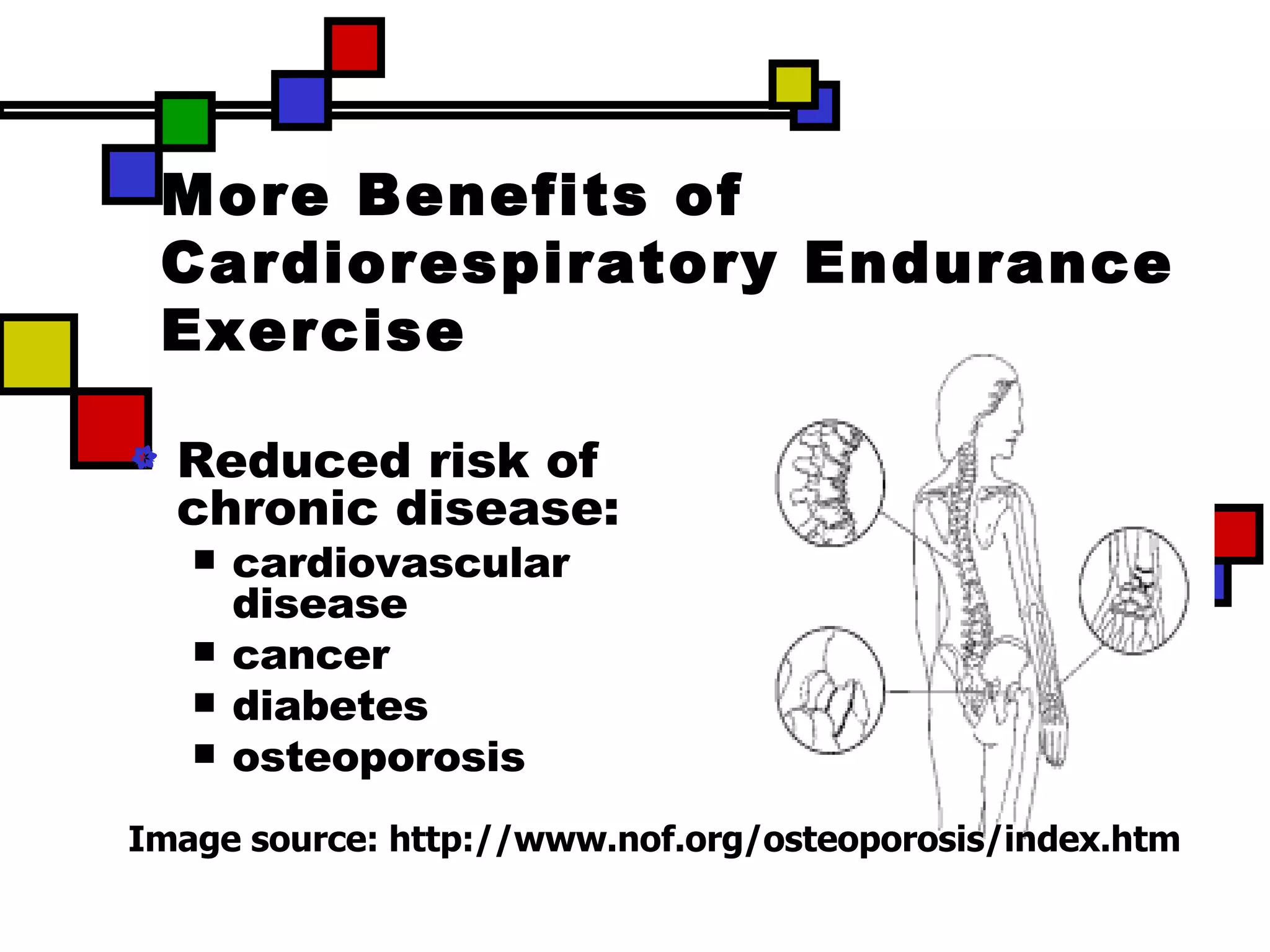 More Benefits of Cardiorespiratory Endurance Exercise Reduced risk of chronic disease: cardiovascular disease cancer diabetes osteoporosis   Image source: http://www.nof.org/osteoporosis/index.htm 