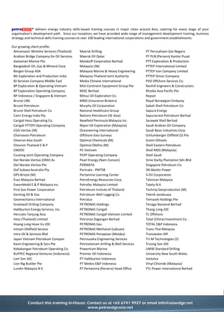 Conduct this training course in-house for more effective savings!
Call us at +65 6741 9927 or email to info@asiaedge.net. For more information, visit us at www.petroedgeasia.net
WELL INTEGRITY MANAGEMENT
petroEDGE® delivers energy industry skills-based training courses in major cities around Asia, catering for every
stage of your organisation’s development path. Since our inception, we have provided wide range of
management development training, business strategy and technical skills training courses to over 100 leading
international corporations and government establishments. Our growing client profile:
Almansoori Wireline Services (Thailand) Maersk Drilling PT Perusahaan Gas Negara
Arabian Bridge Company for Oil Services Maersk Oil Qatar PT PLN (Persero) Kantor Pusat
Asetanian Marine Pte Malakoff Corporation Berhad PTT Exploration & Production
Bangladesh Oil, Gas & Mineral Corp Malaysia LNG PTTEP International Limited
Bergen Group ASA Malaysia Marine & Heavy Engineering PTTEP Iran Company Limited
BG Exploration and Production India Malaysia-Thailand Joint Authority PTTEP Oman Company
BJ Services Company Middle East Media Chinese International PVD Offshore Services Co.
BP Exploration & Operating Vietnam Mid-Continent Equipment Group Pte Ranhill Engineers & Constructors
BP Exploration Operating Company MISC Berhad Rhodia Asia Pacific Pte
BP Indonesia / Singapore & Vietnam Mitsui Oil Exploration Co. Repsol
Brunei LNG MMS (Insurance Brokers) Royal Norwegian Embassy
Brunei Petroleum Murphy Oil Corporation Sabah Shell Petroleum Co
Brunei Shell Petroleum Co National Healthcare Group Sapura Energy
Cairn Energy India Pty Nations Petroleum (SE Asia) Sapuracrest Petroleum Berhad
Carigali Hess Operating Co. Newfield Peninsula Malaysia Inc. Sarawak Shell Berhad
Carigali PTTEPI Operating Company Nipon Oil Exploration (Malaysia) Saudi Arabian Oil Company
CGG Veritas (M) Oceaneering International Saudi Basic Industries Corp
Charnavon Petroleum Offshore Geo-Surveys Schlumberger Oilffield (S) Pte
Chevron Asia South Optimal Chemicals (M) Scomi Oiltools
Chevron Thailand E & P Optimal Olefins (M) Shell Eastern Petroleum
CNOOC PC Vietnam Shell MDS (Malaysia)
Cuulong Joint Operating Company PCPP Operating Company Shell Saudi
Det Norske Veritas (DNV) As Pearl Energy (Nam Conson) Sime Darby Plantation Sdn Bhd
Det Norske Veritas Pte PERMATA Singapore Petroleum Co.
Dof Subsea Australia Pty Permata - PMTSB SN Aboitiz Power
DPS Bristol (M) Pertamina Learning Center S-Oil Corporation
Esso Malaysia Berhad PetroEnergy Resources Corp. Talisman Malaysia
ExxonMobil E & P Malaysia Inc. Petrofac Malaysia Limited Tately N.V.
First Gas Power Corporation Petroleum Insitute of Thailand Technip Geoproduction (M)
Genting Oil & Gas Petroleum Well Logging Co. Teknik Janakuasa
Geomechanics International Petrolux Temasek Holdings Pte
Greatwall Drilling Company PETRONAS Holdings Tenaga Nasional Berhad
Halliburton Energy Services, Inc. PETRONAS Carigali Thang Long JOC
Hercules Tanjung Asia PETRONAS Carigali Vietnam Limited TL Offshore
Hess (Thailand) Limited Petronas Dagangan Berhad Total (China) Investment Co. .
Hoang Long Hoan Vu JOC PETRONAS Gas TOTAL E&P Indonesia
Intisari Oildfield Service PETRONAS Methanol (Labuan) Trans Thai Malaysia
Intra Oil & Services Bhd PETRONAS Penapisan (Melaka) Transwater API
Japan Vietnam Petroleum Compan Petrousaha Engineering Services Tri-M Technologies (S)
Kavin Engineering & Svcs Pte Petrovietnam Drilling & Well Services Truong Son JOC
Kebabangan Petroleum Operating Co. Powertium Marine UMW Standard Drilling
KUFPEC Regional Ventures (Indonesia) Premier Oil Indonesia University New South Wales
Lam Son JOC PT Halliburton Indonesia Vastalux
Lion Rig Builder Pte PT Medco E&P Indonesia Vinyl Chloride (Malaysia)
Lundin Malaysia B.V. PT Pertamina (Persero) Head Office YTL Power International Berhad
 