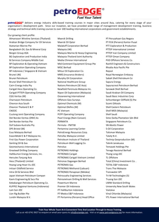ENGINEERING OF SUBSEA PRODUCTION SYSTEMS – LEVEL 2
7 - 10 December 2015 | Singapore
SUBSEA CONTROL SYSTEMS & UMBILICALS
27 - 30 October 2014 | Singapore
Train Your Whole Team At A Convenient Time And Location Through In-House Training.
Call us at +65 6741 9927 to enquire or email your query to info@asiaedge.net. Visit us at www.petroedgeasia.net for more information.
petroEDGE® delivers energy industry skills-based training courses in major cities around Asia, catering for every stage of your
organisation’s development path. Since our inception, we have provided wide range of management development training, business
strategy and technical skills training courses to over 100 leading international corporations and government establishments.
Our growing client profile:
Almansoori Wireline Services (Thailand) Maersk Drilling PT Perusahaan Gas Negara
Arabian Bridge Company for Oil Services Maersk Oil Qatar PT PLN (Persero) Kantor Pusat
Asetanian Marine Pte Malakoff Corporation Berhad PTT Exploration & Production
Bangladesh Oil, Gas & Mineral Corp Malaysia LNG PTTEP International Limited
Bergen Group ASA Malaysia Marine & Heavy Engineering PTTEP Iran Company Limited
BG Exploration and Production India Malaysia-Thailand Joint Authority PTTEP Oman Company
BJ Services Company Middle East Media Chinese International PVD Offshore Services Co.
BP Exploration & Operating Vietnam Mid-Continent Equipment Group Pte Ranhill Engineers & Constructors
BP Exploration Operating Company MISC Berhad Rhodia Asia Pacific Pte
BP Indonesia / Singapore & Vietnam Mitsui Oil Exploration Co. Repsol
Brunei LNG MMS (Insurance Brokers) Royal Norwegian Embassy
Brunei Petroleum Murphy Oil Corporation Sabah Shell Petroleum Co
Brunei Shell Petroleum Co National Healthcare Group Sapura Energy
Cairn Energy India Pty Nations Petroleum (SE Asia) Sapuracrest Petroleum Berhad
Carigali Hess Operating Co. Newfield Peninsula Malaysia Inc. Sarawak Shell Berhad
Carigali PTTEPI Operating Company Nipon Oil Exploration (Malaysia) Saudi Arabian Oil Company
CGG Veritas (M) Oceaneering International Saudi Basic Industries Corp
Charnavon Petroleum Offshore Geo-Surveys Schlumberger Oilffield (S) Pte
Chevron Asia South Optimal Chemicals (M) Scomi Oiltools
Chevron Thailand E & P Optimal Olefins (M) Shell Eastern Petroleum
CNOOC PC Vietnam Shell MDS (Malaysia)
Cuulong Joint Operating Company PCPP Operating Company Shell Saudi
Det Norske Veritas (DNV) As Pearl Energy (Nam Conson) Sime Darby Plantation Sdn Bhd
Det Norske Veritas Pte PERMATA Singapore Petroleum Co.
Dof Subsea Australia Pty Permata - PMTSB SN Aboitiz Power
DPS Bristol (M) Pertamina Learning Center S-Oil Corporation
Esso Malaysia Berhad PetroEnergy Resources Corp. Talisman Malaysia
ExxonMobil E & P Malaysia Inc. Petrofac Malaysia Limited Tately N.V.
First Gas Power Corporation Petroleum Insitute of Thailand Technip Geoproduction (M)
Genting Oil & Gas Petroleum Well Logging Co. Teknik Janakuasa
Geomechanics International Petrolux Temasek Holdings Pte
Greatwall Drilling Company PETRONAS Holdings Tenaga Nasional Berhad
Halliburton Energy Services, Inc. PETRONAS Carigali Thang Long JOC
Hercules Tanjung Asia PETRONAS Carigali Vietnam Limited TL Offshore
Hess (Thailand) Limited Petronas Dagangan Berhad Total (China) Investment Co. .
Hoang Long Hoan Vu JOC PETRONAS Gas TOTAL E&P Indonesia
Intisari Oildfield Service PETRONAS Methanol (Labuan) Trans Thai Malaysia
Intra Oil & Services Bhd PETRONAS Penapisan (Melaka) Transwater API
Japan Vietnam Petroleum Compan Petrousaha Engineering Services Tri-M Technologies (S)
Kavin Engineering & Svcs Pte Petrovietnam Drilling & Well Services Truong Son JOC
Kebabangan Petroleum Operating Co. Powertium Marine UMW Standard Drilling
KUFPEC Regional Ventures (Indonesia) Premier Oil Indonesia University New South Wales
Lam Son JOC PT Halliburton Indonesia Vastalux
Lion Rig Builder Pte PT Medco E&P Indonesia Vinyl Chloride (Malaysia)
Lundin Malaysia B.V. PT Pertamina (Persero) Head Office YTL Power International Berhad
 