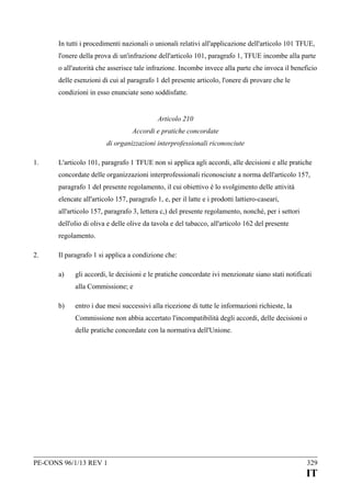 In tutti i procedimenti nazionali o unionali relativi all'applicazione dell'articolo 101 TFUE,
l'onere della prova di un'infrazione dell'articolo 101, paragrafo 1, TFUE incombe alla parte
o all'autorità che asserisce tale infrazione. Incombe invece alla parte che invoca il beneficio
delle esenzioni di cui al paragrafo 1 del presente articolo, l'onere di provare che le
condizioni in esso enunciate sono soddisfatte.
Articolo 210
Accordi e pratiche concordate
di organizzazioni interprofessionali riconosciute
1.

L'articolo 101, paragrafo 1 TFUE non si applica agli accordi, alle decisioni e alle pratiche
concordate delle organizzazioni interprofessionali riconosciute a norma dell'articolo 157,
paragrafo 1 del presente regolamento, il cui obiettivo è lo svolgimento delle attività
elencate all'articolo 157, paragrafo 1, e, per il latte e i prodotti lattiero-caseari,
all'articolo 157, paragrafo 3, lettera c,) del presente regolamento, nonché, per i settori
dell'olio di oliva e delle olive da tavola e del tabacco, all'articolo 162 del presente
regolamento.

2.

Il paragrafo 1 si applica a condizione che:
a)

gli accordi, le decisioni e le pratiche concordate ivi menzionate siano stati notificati
alla Commissione; e

b)

entro i due mesi successivi alla ricezione di tutte le informazioni richieste, la
Commissione non abbia accertato l'incompatibilità degli accordi, delle decisioni o
delle pratiche concordate con la normativa dell'Unione.

PE-CONS 96/1/13 REV 1

329

IT

 
