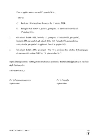 Esso si applica a decorrere dal 1° gennaio 2014.
Tuttavia:
a)

l'articolo 181 si applica a decorrere dal 1º ottobre 2014;

b)

l'allegato VII, parte VII, punto II, paragrafo 3 si applica a decorrere dal
1º ottobre 2016.

2.

Gli articoli da 148 a 151, l'articolo 152, paragrafo 3, l'articolo 156, paragrafo 2,
l'articolo 157, paragrafo 3, gli articoli 161 e 163, l'articolo 173, paragrafo 2, e
l'articolo 174, paragrafo 2 si applicano fino al 30 giugno 2020.

3.

Gli articoli da 127 a 144 e gli articoli 192 e 193 si applicano fino alla fine della campagna
di commercializzazione 2016/2017 il 30 settembre 2017.

Il presente regolamento è obbligatorio in tutti i suoi elementi e direttamente applicabile in ciascuno
degli Stati membri.
Fatto a Bruxelles, il

Per il Parlamento europeo

Per il Consiglio

Il presidente

Il presidente

PE-CONS 96/1/13 REV 1

356

IT

 