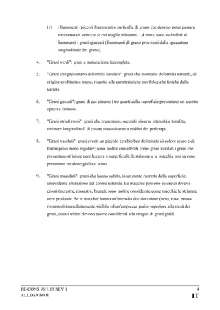 iv)

i frammenti (piccoli frammenti o particelle di grano che devono poter passare
attraverso un setaccio le cui maglie misurano 1,4 mm); sono assimilati ai
frammenti i grani spaccati (frammenti di grano provocati dalla spaccatura
longitudinale del grano).

4.

"Grani verdi": grani a maturazione incompleta.

5.

"Grani che presentano deformità naturali": grani che mostrano deformità naturali, di
origine ereditaria o meno, rispetto alle caratteristiche morfologiche tipiche della
varietà.

6.

"Grani gessati": grani di cui almeno i tre quarti della superficie presentano un aspetto
opaco e farinoso.

7.

"Grani striati rossi": grani che presentano, secondo diverse intensità e tonalità,
striature longitudinali di colore rosso dovute a residui del pericarpo.

8.

"Grani vaiolati": grani aventi un piccolo cerchio ben delimitato di colore scuro e di
forma più o meno regolare; sono inoltre considerati come grani vaiolati i grani che
presentano striature nere leggere e superficiali; le striature e le macchie non devono
presentare un alone giallo o scuro.

9.

"Grani maculati": grani che hanno subito, in un punto ristretto della superficie,
un'evidente alterazione del colore naturale. Le macchie possono essere di diversi
colori (nerastre, rossastre, brune); sono inoltre considerate come macchie le striature
nere profonde. Se le macchie hanno un'intensità di colorazione (nero, rosa, brunorossastro) immediatamente visibile ed un'ampiezza pari o superiore alla metà dei
grani, questi ultimi devono essere considerati alla stregua di grani gialli.

PE-CONS 96/1/13 REV 1
ALLEGATO II

4

IT

 