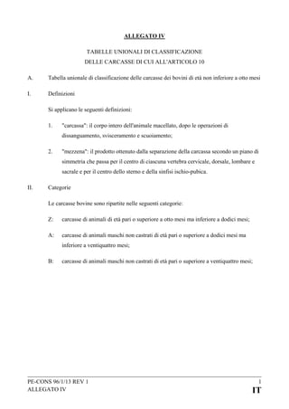 ALLEGATO IV
TABELLE UNIONALI DI CLASSIFICAZIONE
DELLE CARCASSE DI CUI ALL'ARTICOLO 10
A.

Tabella unionale di classificazione delle carcasse dei bovini di età non inferiore a otto mesi

I.

Definizioni
Si applicano le seguenti definizioni:
1.

"carcassa": il corpo intero dell'animale macellato, dopo le operazioni di
dissanguamento, svisceramento e scuoiamento;

2.

"mezzena": il prodotto ottenuto dalla separazione della carcassa secondo un piano di
simmetria che passa per il centro di ciascuna vertebra cervicale, dorsale, lombare e
sacrale e per il centro dello sterno e della sinfisi ischio-pubica.

II.

Categorie
Le carcasse bovine sono ripartite nelle seguenti categorie:
Z:

carcasse di animali di età pari o superiore a otto mesi ma inferiore a dodici mesi;

A:

carcasse di animali maschi non castrati di età pari o superiore a dodici mesi ma
inferiore a ventiquattro mesi;

B:

carcasse di animali maschi non castrati di età pari o superiore a ventiquattro mesi;

PE-CONS 96/1/13 REV 1
ALLEGATO IV

1

IT

 