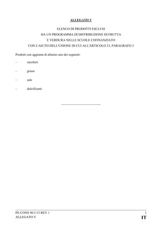 ALLEGATO V
ELENCO DI PRODOTTI ESCLUSI
DA UN PROGRAMMA DI DISTRIBUZIONE DI FRUTTA
E VERDURA NELLE SCUOLE COFINANZIATO
CON L'AIUTO DELL'UNIONE DI CUI ALL'ARTICOLO 23, PARAGRAFO 3
Prodotti con aggiunta di almeno uno dei seguenti:
–

zuccheri

–

grassi

–

sale

–

dolcificanti

PE-CONS 96/1/13 REV 1
ALLEGATO V

1

IT

 