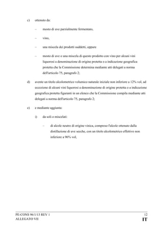c)

ottenuto da:
–

mosto di uve parzialmente fermentato,

–

vino,

–

una miscela dei prodotti suddetti, oppure

–

mosto di uve o una miscela di questo prodotto con vino per alcuni vini
liquorosi a denominazione di origine protetta o a indicazione geografica
protetta che la Commissione determina mediante atti delegati a norma
dell'articolo 75, paragrafo 2;

d)

avente un titolo alcolometrico volumico naturale iniziale non inferiore a 12% vol, ad
eccezione di alcuni vini liquorosi a denominazione di origine protetta o a indicazione
geografica protetta figuranti in un elenco che la Commissione compila mediante atti
delegati a norma dell'articolo 75, paragrafo 2;

e)

e mediante aggiunta:
i)

da soli o miscelati:
–

di alcole neutro di origine vinica, compreso l'alcole ottenuto dalla
distillazione di uve secche, con un titolo alcolometrico effettivo non
inferiore a 96% vol,

PE-CONS 96/1/13 REV 1
ALLEGATO VII

12

IT

 