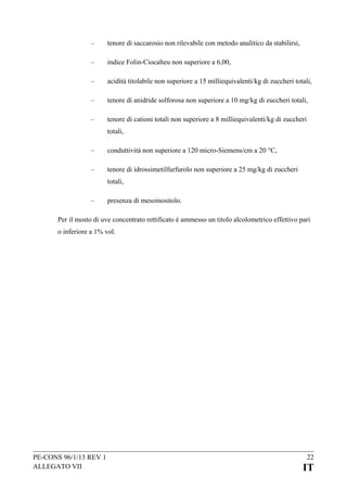 –

tenore di saccarosio non rilevabile con metodo analitico da stabilirsi,

–

indice Folin-Ciocalteu non superiore a 6,00,

–

acidità titolabile non superiore a 15 milliequivalenti/kg di zuccheri totali,

–

tenore di anidride solforosa non superiore a 10 mg/kg di zuccheri totali,

–

tenore di cationi totali non superiore a 8 milliequivalenti/kg di zuccheri
totali,

–

conduttività non superiore a 120 micro-Siemens/cm a 20 °C,

–

tenore di idrossimetilfurfurolo non superiore a 25 mg/kg di zuccheri
totali,

–

presenza di mesoinositolo.

Per il mosto di uve concentrato rettificato è ammesso un titolo alcolometrico effettivo pari
o inferiore a 1% vol.

PE-CONS 96/1/13 REV 1
ALLEGATO VII

22

IT

 