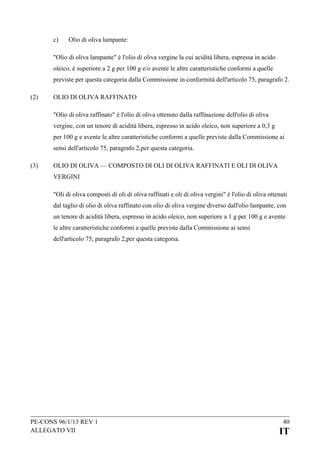 c)

Olio di oliva lampante:

"Olio di oliva lampante" è l'olio di oliva vergine la cui acidità libera, espressa in acido
oleico, è superiore a 2 g per 100 g e/o avente le altre caratteristiche conformi a quelle
previste per questa categoria dalla Commissione in conformità dell'articolo 75, paragrafo 2.
(2)

OLIO DI OLIVA RAFFINATO
"Olio di oliva raffinato" è l'olio di oliva ottenuto dalla raffinazione dell'olio di oliva
vergine, con un tenore di acidità libera, espresso in acido oleico, non superiore a 0,3 g
per 100 g e avente le altre caratteristiche conformi a quelle previste dalla Commissione ai
sensi dell'articolo 75, paragrafo 2,per questa categoria.

(3)

OLIO DI OLIVA –– COMPOSTO DI OLI DI OLIVA RAFFINATI E OLI DI OLIVA
VERGINI
"Oli di oliva composti di oli di oliva raffinati e oli di oliva vergini" è l'olio di oliva ottenuti
dal taglio di olio di oliva raffinato con olio di oliva vergine diverso dall'olio lampante, con
un tenore di acidità libera, espresso in acido oleico, non superiore a 1 g per 100 g e avente
le altre caratteristiche conformi a quelle previste dalla Commissione ai sensi
dell'articolo 75, paragrafo 2,per questa categoria.

PE-CONS 96/1/13 REV 1
ALLEGATO VII

40

IT

 