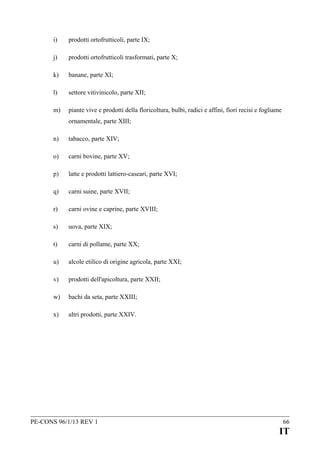 i)

prodotti ortofrutticoli, parte IX;

j)

prodotti ortofrutticoli trasformati, parte X;

k)

banane, parte XI;

l)

settore vitivinicolo, parte XII;

m)

piante vive e prodotti della floricoltura, bulbi, radici e affini, fiori recisi e fogliame
ornamentale, parte XIII;

n)

tabacco, parte XIV;

o)

carni bovine, parte XV;

p)

latte e prodotti lattiero-caseari, parte XVI;

q)

carni suine, parte XVII;

r)

carni ovine e caprine, parte XVIII;

s)

uova, parte XIX;

t)

carni di pollame, parte XX;

u)

alcole etilico di origine agricola, parte XXI;

v)

prodotti dell'apicoltura, parte XXII;

w)

bachi da seta, parte XXIII;

x)

altri prodotti, parte XXIV.

PE-CONS 96/1/13 REV 1

66

IT

 