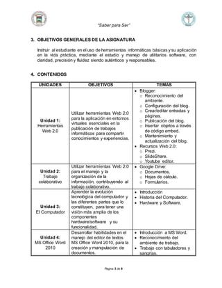“Saber para Ser” 
3. OBJETIVOS GENERALES DE LA ASIGNATURA 
Instruir al estudiante en el uso de herramientas informáticas básicas y su aplicación 
en la vida práctica, mediante el estudio y manejo de utilitarios software, con 
claridad, precisión y fluidez siendo auténticos y responsables. 
Página 3 de 8 
4. CONTENIDOS 
UNIDADES OBJETIVOS TEMAS 
Unidad 1: 
Herramientas 
Web 2.0 
Utilizar herramientas Web 2.0 
para la aplicación en entornos 
virtuales esenciales en la 
publicación de trabajos 
informáticos para compartir 
conocimientos y experiencias. 
 Blogger: 
o Reconocimiento del 
ambiente. 
o Configuración del blog. 
o Crear/editar entradas y 
páginas. 
o Publicación del blog. 
o Insertar objetos a través 
de código embed. 
o Mantenimiento y 
actualización del blog. 
 Recursos Web 2.0: 
o Prezi. 
o SlideShare. 
o Youtube editor. 
Unidad 2: 
Trabajo 
colaborativo 
Utilizar herramientas Web 2.0 
para el manejo y la 
organización de la 
información, contribuyendo al 
trabajo colaborativo. 
 Google Drive: 
o Documentos. 
o Hojas de cálculo. 
o Formularios. 
Unidad 3: 
El Computador 
Aprender la evolución 
tecnológica del computador y 
las diferentes partes que lo 
constituyen, para tener una 
visión más amplia de los 
componentes 
hardware/software y su 
funcionalidad. 
 Introducción 
 Historia del Computador. 
 Hardware y Software. 
Unidad 4: 
MS Office Word 
2010 
Desarrollar habilidades en el 
manejo del editor de textos 
MS Office Word 2010, para la 
creación y manipulación de 
documentos. 
 Introducción a MS Word. 
 Reconocimiento del 
ambiente de trabajo. 
 Trabajo con tabuladores y 
sangrías. 
 