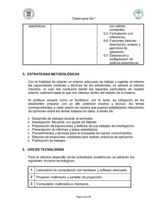 “Saber para Ser”
Página 5 de 10
estadísticos con valores
constantes.
6.5. Formulación con
referencias.
6.6. Funciones básicas:
descripción, sintaxis y
ejercicios de
aplicación.
6.7. Elaboración y
configuración de
gráficos estadísticos.
5. ESTRATEGIAS METODOLÓGICAS
Con la finalidad de obtener un entorno adecuado de trabajo y explotar al máximo
las capacidades creativas y técnicas de los estudiantes, se utilizará el método
inductivo, el cual nos conducirá desde los aspectos particulares de nuestro
entorno cotidiano hasta lo que nos interesa dentro del estudio de la materia.
El profesor actuará como un facilitador, por lo tanto, es obligación de los
estudiantes preparar con un alto potencial creativo y técnico, los temas
correspondientes a cada sesión de manera que puedan establecerse intercambio
de opiniones sobre los temas tratados en clase, a través de:
 Desarrollo de trabajos durante el semestre.
 Investigación frecuente con ayuda de Internet.
 Preparación de exposiciones y defensa de sus trabajos de investigación.
 Presentación de informes y datos estadísticos.
 Procedimientos y técnicas para la búsqueda de nuevos conocimientos.
 Elección de situaciones cotidianas para realizar prácticas de aplicación.
 Publicación de trabajos.
6. USO DE TECNOLOGÍAS
Para un efectivo desarrollo de las actividades académicas, se utilizarán los
siguientes recursos tecnológicos:
1 Laboratorio de computación con hardware y software adecuado.
2 Proyector multimedia y pantalla de proyección.
3 Computador multimedia e impresora.
 