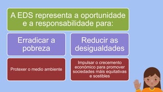 A EDS representa a oportunidade
e a responsabilidade para:
Erradicar a
pobreza
Protexer o medio ambiente
Reducir as
desigualdades
Impulsar o crecemento
económico para promover
sociedades máis equitativas
e sostibles
 