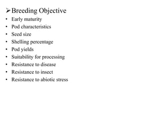 Breeding Objective
• Early maturity
• Pod characteristics
• Seed size
• Shelling percentage
• Pod yields
• Suitability for processing
• Resistance to disease
• Resistance to insect
• Resistance to abiotic stress
 