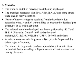  Mutation
• The work on mutation breeding was taken up at jabalpur.
• The chemical mutagens, like EMS,NEU,EI,NMU and some others
were used in many countries.
• Tow useful recessive genes resulting from induced mutation
research abroad, st and af were utilized to produse the ‘leafless’ pea
genotype, af, af st st at Jabalpur.
• The induced mutation developed are the early flowering 46 C and
JP 829 (Flowering from 4th to 6th node),fasciated
mutants,R701,R710,JP 625,JP 67,251 A, 997,999 and others.
• Acacia mutants –Acacia long,Acacia Batri,Acacia Purple and few
others types of mutants,
• The work is in progress to combine mutant characters with other
desired attributes including multiple disease and pest resistance and
quality characters.
 