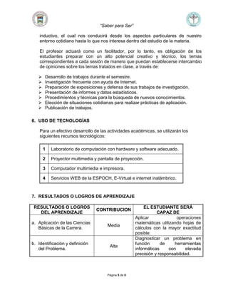 “Saber para Ser”
Página 5 de 8
inductivo, el cual nos conducirá desde los aspectos particulares de nuestro
entorno cotidiano hasta lo que nos interesa dentro del estudio de la materia.
El profesor actuará como un facilitador, por lo tanto, es obligación de los
estudiantes preparar con un alto potencial creativo y técnico, los temas
correspondientes a cada sesión de manera que puedan establecerse intercambio
de opiniones sobre los temas tratados en clase, a través de:
 Desarrollo de trabajos durante el semestre.
 Investigación frecuente con ayuda de Internet.
 Preparación de exposiciones y defensa de sus trabajos de investigación.
 Presentación de informes y datos estadísticos.
 Procedimientos y técnicas para la búsqueda de nuevos conocimientos.
 Elección de situaciones cotidianas para realizar prácticas de aplicación.
 Publicación de trabajos.
6. USO DE TECNOLOGÍAS
Para un efectivo desarrollo de las actividades académicas, se utilizarán los
siguientes recursos tecnológicos:
1 Laboratorio de computación con hardware y software adecuado.
2 Proyector multimedia y pantalla de proyección.
3 Computador multimedia e impresora.
4 Servicios WEB de la ESPOCH, E-Virtual e internet inalámbrico.
7. RESULTADOS O LOGROS DE APRENDIZAJE
RESULTADOS O LOGROS
DEL APRENDIZAJE
CONTRIBUCION
EL ESTUDIANTE SERÁ
CAPAZ DE
a. Aplicación de las Ciencias
Básicas de la Carrera.
Media
Aplicar operaciones
matemáticas utilizando hojas de
cálculos con la mayor exactitud
posible.
b. Identificación y definición
del Problema.
Alta
Diagnosticar un problema en
función de herramientas
informáticas con elevada
precisión y responsabilidad.
 