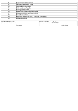 11 Verificação e Análise Crítica.
12 Verificação e Análise Crítica.
13 Sistemas de certificação.
14 Sistemas de certificação.
15 Rotulagem ambiental.
16 Avaliação do desempenho ambiental.
17 Avaliação do desempenho ambiental.
18 Prova Escrita Oficial
19 Revisão e preparação para a Avaliação Substitutiva
20 Prova Substitutiva
Coordenador do Curso
_____________________
Assinatura
Diretor Executivo __/__/____
_____________________
Assinatura
 