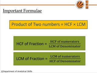 Product of Two numbers = HCF × LCM
Important Formulae
 