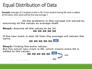 Equal Distribution of Data
Example: Average of 5 students marks is 30. If one student having 90 mark is added
to the team, then what will be the new average ?
 