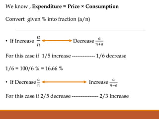 We know , Expenditure = Price × Consumption
Convert given % into fraction (a/n)
• If Increase
𝑎
𝑛
Decrease
𝑎
𝑛+𝑎
For this case if 1/5 increase ------------- 1/6 decrease
1/6 = 100/6 % = 16.66 %
• If Decrease
𝑎
𝑛
Increase
𝑎
𝑛−𝑎
For this case if 2/5 decrease --------------- 2/3 Increase
 