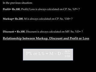 In the previous situation:
Profit= Rs.100, Profit/Loss is always calculated on CP. So, %P= ?
Markup= Rs.200, M is always calculated on CP. So, %M= ?
Discount = Rs.100, Discount is always calculated on MP. So, %D= ?
Relationship between Markup, Discount and Profit or Loss
P% or L% = M – D -
𝑀𝐷
100
 