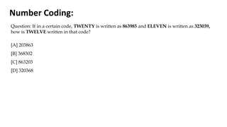 Question: If in a certain code, TWENTY is written as 863985 and ELEVEN is written as 323039,
how is TWELVE written in that code?
[A] 203863
[B] 368302
[C] 863203
[D] 320368
Number Coding:
 