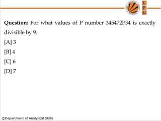 Question: For what values of P number 345472P34 is exactly
divisible by 9.
[A] 3
[B] 4
[C] 6
[D] 7
 